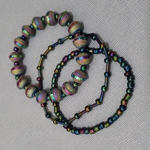 New Carnival Glass/Peacock Colored Beads Stretch Bracelets Set